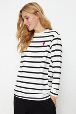 Trendyol White Single Jersey Striped Heart Embroidered Long Sleeve Knitted Tunic T-shirt