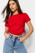 Trendyol Red 100% Cotton Basic Crew Neck Knitted T-Shirt with Gather Detail