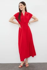 Trendyol Red Straight A-Cut Double Breasted Neck Aerobin Midi Woven Dress