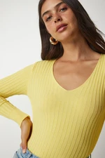 Happiness İstanbul Women's Yellow V-Neck Ribbed Basic Blouse