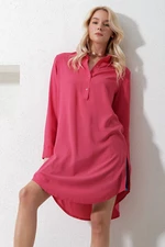 Trend Alaçatı Stili Women's Fuchsia Shirt Collar Half Pop Long Woven Tunic