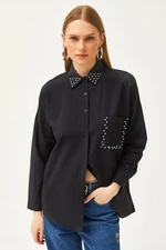 Olalook Women's Black Collar and Pocket Stone Woven Shirt