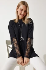 Happiness İstanbul Women's Black Lace Sleeve Loose Long Knitted Tunic