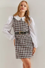 Bianco Lucci Women's Belted Plaid Patterned Collar Dress