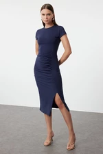 Trendyol navy blue Fitted Gathering and Slit Midi Cotton Stretchy Knitted Dress