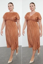 Trendyol Curve Brown Reversible Pleated Midi Plus Size Dress