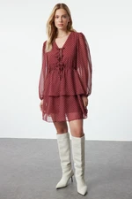 Trendyol Burgundy Polka Dot Patterned Skirt with Opening Waist and Bow Collar Detail Chiffon Woven Dress