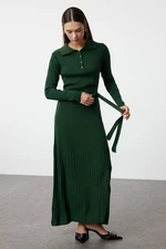 Trendyol Dark Green Belted Polo Neck Ribbed Knitwear Dress