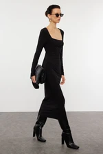 Trendyol Black Straight Square Neck Bodycone/Fitting Stretchy Midi Knitted Dress