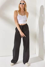 Olalook Women's Black Elastic Waist and Laced Palazzo Linen Trousers