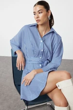 Trendyol Blue Belted Striped Mini Woven Shirt Dress