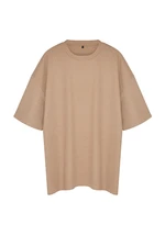 Trendyol Plus Size Camel Oversize/Wide Cut Crew Neck Basic Textured T-shirt