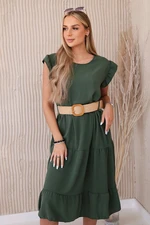 Women's dress with ruffles and belt - khaki