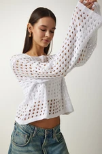 Happiness İstanbul Women's White Openwork Crop Knitwear Sweater