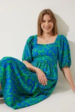 Happiness İstanbul Women's Blue Green Square Collar Balloon Sleeve Viscose Dress