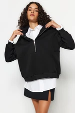 Trendyol Black Oversize/Wide Fit Half Zipper Thick Inside Fleece Knitted Sweatshirt