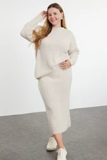 Trendyol Curve Beige Crew Neck Ribbed Knitwear Sweater & Skirt Bottom-Top Set