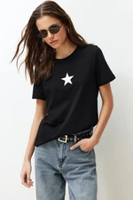 Trendyol Black 100% Cotton Star Printed Regular/Normal Pattern Crew Neck Knitted T-Shirt