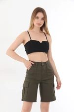 BİKELİFE High Waist Flexible Bermuda Shorts with Cargo Pocket.