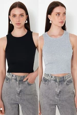 Trendyol Black-Grey Melange 2 Pack Fitted Crop Halter Neck Ribbed Flexible Knitted Undershirt