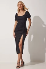 Happiness İstanbul Women's Black Pleated Wrap Knitted Summer Dress
