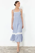 Trendyol Blue Waist Opening Guipure Detailed Maxi Woven Dress