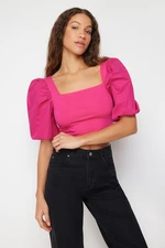 Trendyol Fuchsia Square Neck Poplin Balloon Sleeve Stretch Knitted Blouse