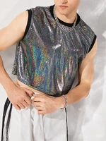 Men Shiny Glitter Sequins Patchwork Crew Neck Crop Tank Top