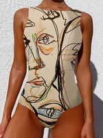 Graffiti Abstract Print Round Neck One Piece Sleevless Slimming Swimsuit For Women