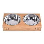 Double Pet Dog Bowl Stainless Steel Pet Bowl Bamboo Bottom Food Water Dual-use Pet Bowl