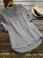 Women Stripe V-neck Buttons 3/4 Fold Sleeve Irregular Blouse