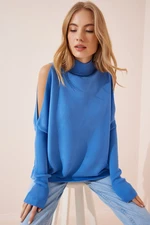 Happiness İstanbul Women's Indigo Blue Cut Out Detailed Oversize Knitwear Sweater