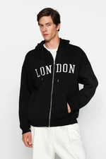 Trendyol Black Men's Oversize/Wide-Cut City Embroidery Hooded Cotton Sweatshirt-cardigan