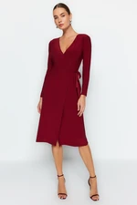 Trendyol Claret Red Double Breasted Collar Belted Fitted Midi Knit Dress