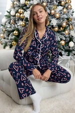 Trendyol Navy Blue 100% Cotton Christmas Themed Piping Knitted Pajamas Set