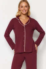 Trendyol Burgundy Cotton Piping Detailed Shirt-Pants Knitted Pajamas Set