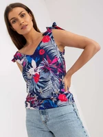 Women's navy blue top with summer prints from RUE PARIS