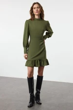 Trendyol Khaki A-Line Stand Collar Mini Woven Dress with Pleated Skirt