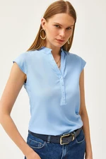 Olalook Women's Baby Blue V-Neck 4-Button Viscose Blouse