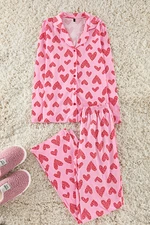 Trendyol Pink 100% Cotton Leopard Heart Patterned Shirt Pants Knitted Pajama Set