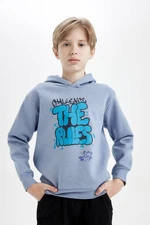 DEFACTO Boy's Graffiti Printed Hooded Soft Fuzzy Thick Blue Sweatshirt