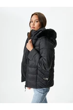 Koton Short Puffer Jacket with Belt and Removable Hood