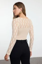 Trendyol Stone V-Neck Lace Detailed Flexible Snap Fastener Knitted Body