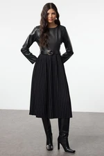 Trendyol Black Belted Faux Leather Pleated A-Line Midi Woven Dress