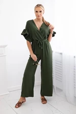 Jumpsuit with a tie at the waist and decorative sleeves in khaki