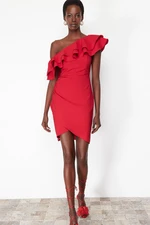 Trendyol Red Single Sleeve Ruffled Woven Short Elegant Evening Dress