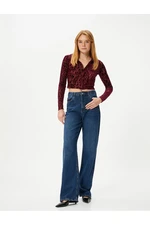 Koton Crop Sheer Shirt Velvet Textured Buttoned Long Sleeve