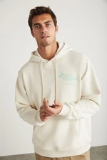 GRIMELANGE Claude Men's Hooded Print Detail Stone Color Sweatshirt with Kangaroo Pocke