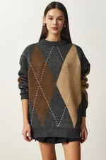 Happiness İstanbul Women's Anthracite Premium Diamond Patterned Oversize Knitwear Sweater