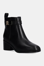 Kožené kotníkové boty Tommy Hilfiger TH LOGO MID HEEL BOOTIE dámské, černá barva, na podpatku, FW0FW08179